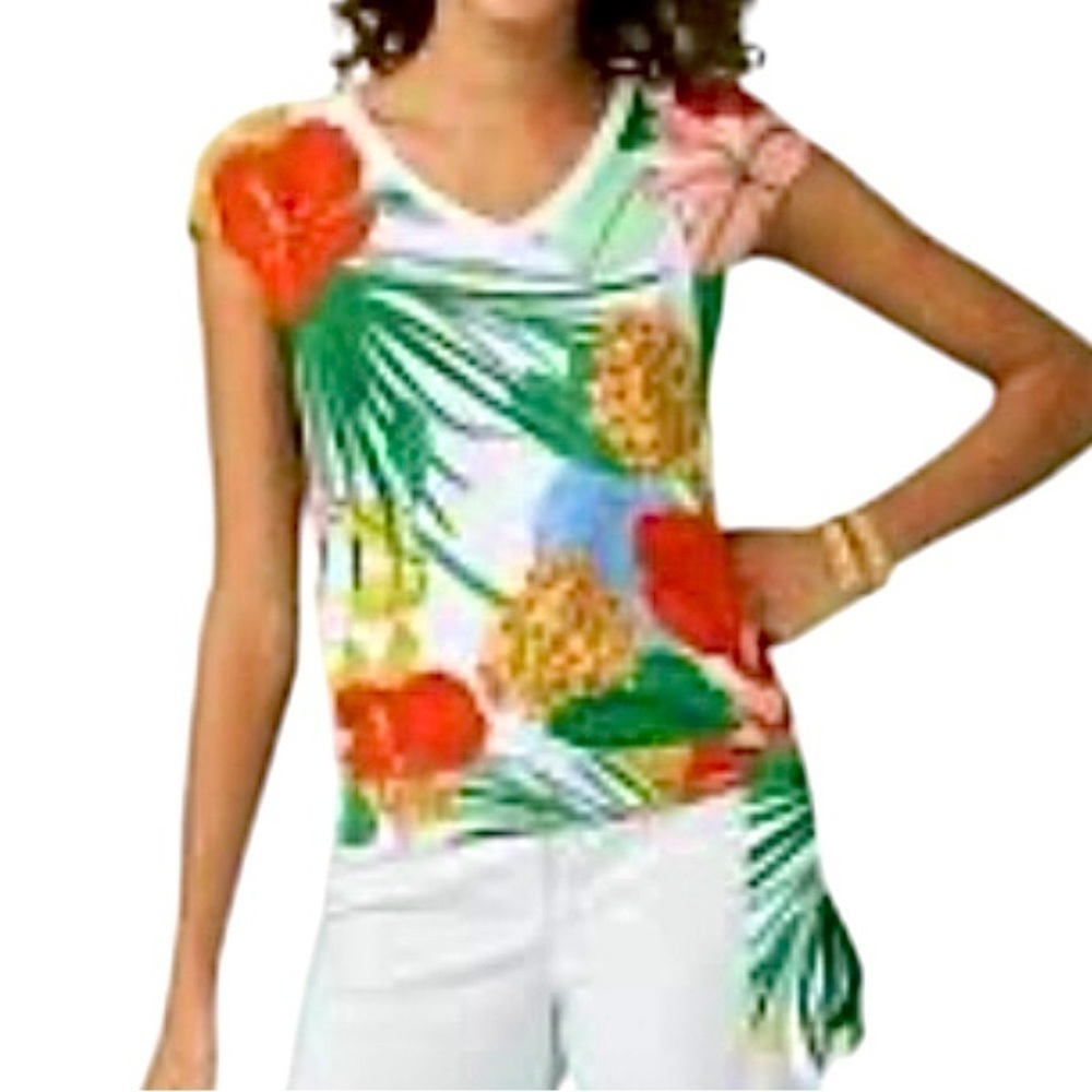 Talbots Women's V-Neck Sweater cap sleeved Multicolor Tropical Print Size LP Tie